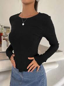 DAZY Camiseta De Punto Acanalado Sólido - Negro - Ver 1