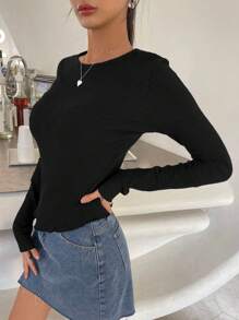 DAZY Camiseta De Punto Acanalado Sólido - Negro - Ver 4