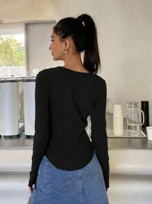 DAZY Camiseta De Punto Acanalado Sólido - Negro - Ver 5