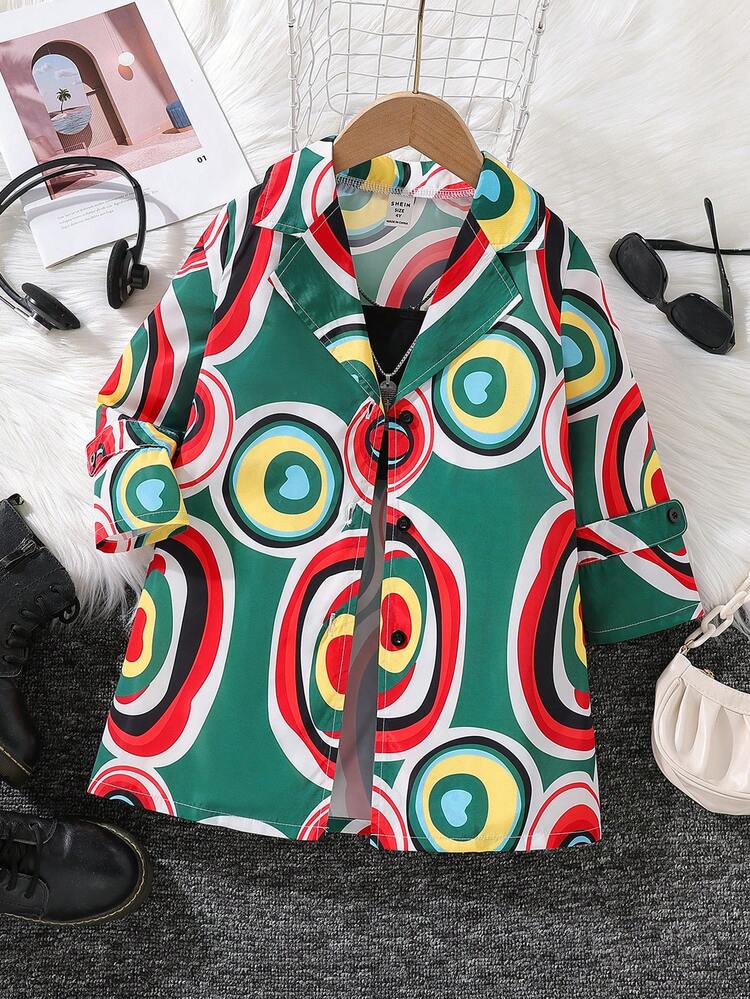 Young Girl Allover Print Lapel Neck Trench Coat