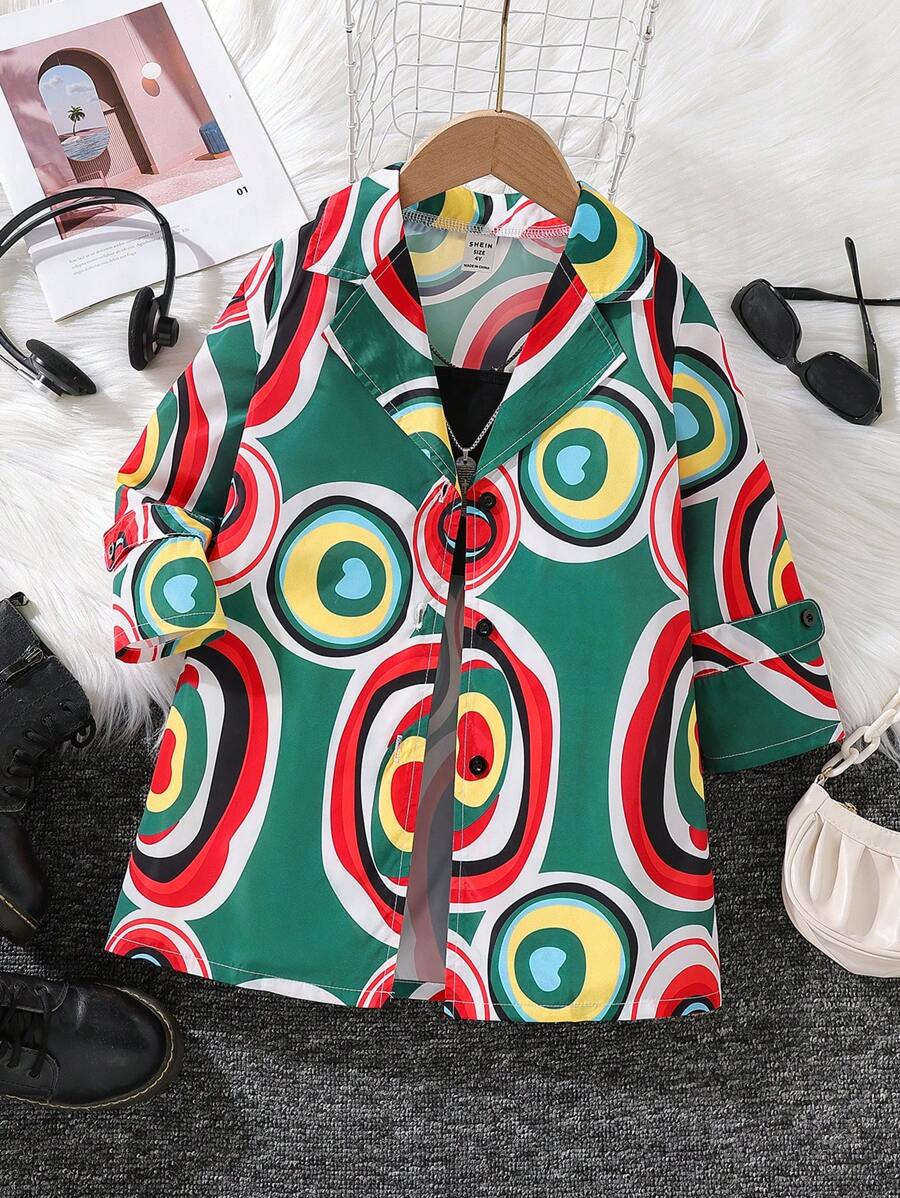 SHEIN Young Girl Allover Print Lapel Neck Trench Coat