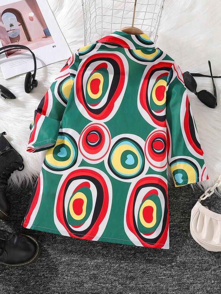 Young Girl Allover Print Lapel Neck Trench Coat