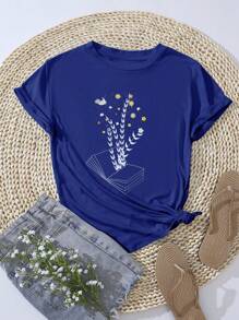 SHEIN EZwear Floral Print Tee - Royal Blue - View 1