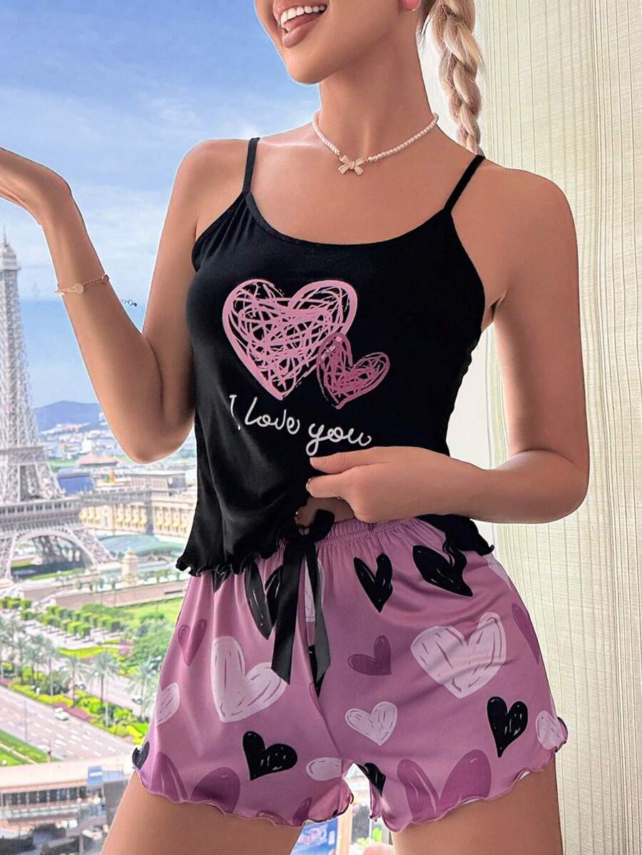 Heart & Letter Graphic Lettuce Trim PJ Set / Pajama Set - Multicolor - View 1