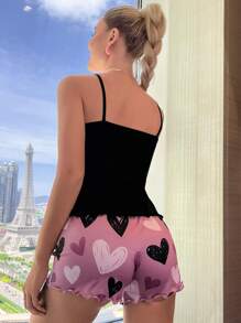 Heart & Letter Graphic Lettuce Trim PJ Set / Pajama Set - Multicolor - View 2