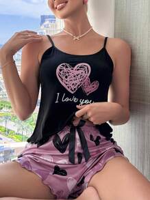 Heart & Letter Graphic Lettuce Trim PJ Set / Pajama Set - Multicolor - View 3