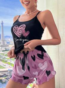 Heart & Letter Graphic Lettuce Trim PJ Set / Pajama Set - Multicolor - View 4