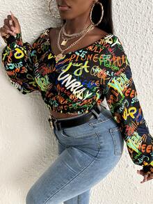 Slaydiva 字母圖案V領短款運動衫 - 彩色 - 查看 4