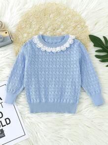Đứa bé gái Ren tương phản Dệt kim chấm bi Áo len - Màu xanh nhạt - Xem 1
