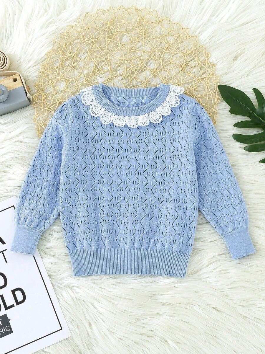 Đứa bé gái Ren tương phản Dệt kim chấm bi Áo len - Màu xanh nhạt - Xem 1
