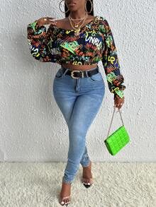 Slaydiva 字母圖案V領短款運動衫 - 彩色 - 查看 5