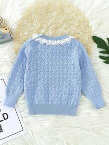 Đứa bé gái Ren tương phản Dệt kim chấm bi Áo len - Màu xanh nhạt - Xem 2