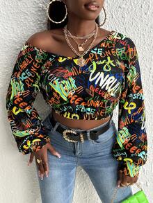 Slaydiva 字母圖案V領短款運動衫 - 彩色 - 查看 6