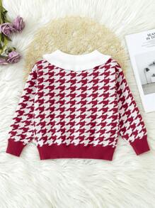 SHEIN Young Girl Houndstooth Pattern Peter Pan Collar Sweater - Red and White - View 2