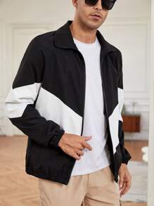 GENTILAND 宽松版型男式拼色拉链长袖休闲夹克 - 黑與白 - 查看 3