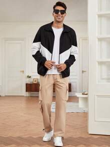 GENTILAND 宽松版型男式拼色拉链长袖休闲夹克 - 黑與白 - 查看 4