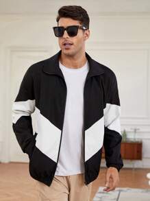 GENTILAND 宽松版型男式拼色拉链长袖休闲夹克 - 黑與白 - 查看 6
