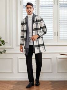 Manfinity VCAY Men Plaid Print Open Front Overcoat - Black and White - View 5