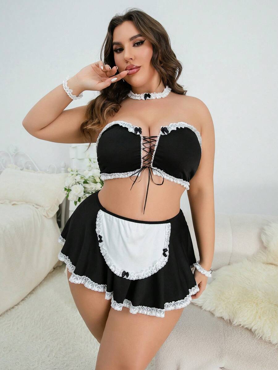 Plus 6pack Lace Up Front Frill Trim Bandeau Maid Costume Set - Black - View 1