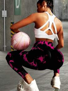 SHEIN Yoga Trendy 紮染寬腰帶運動打底褲 - 玫紅色 - 查看 1