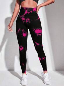 SHEIN Yoga Trendy 紮染寬腰帶運動打底褲 - 玫紅色 - 查看 3