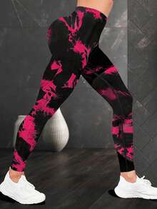 SHEIN Yoga Trendy 紮染寬腰帶運動打底褲 - 玫紅色 - 查看 4