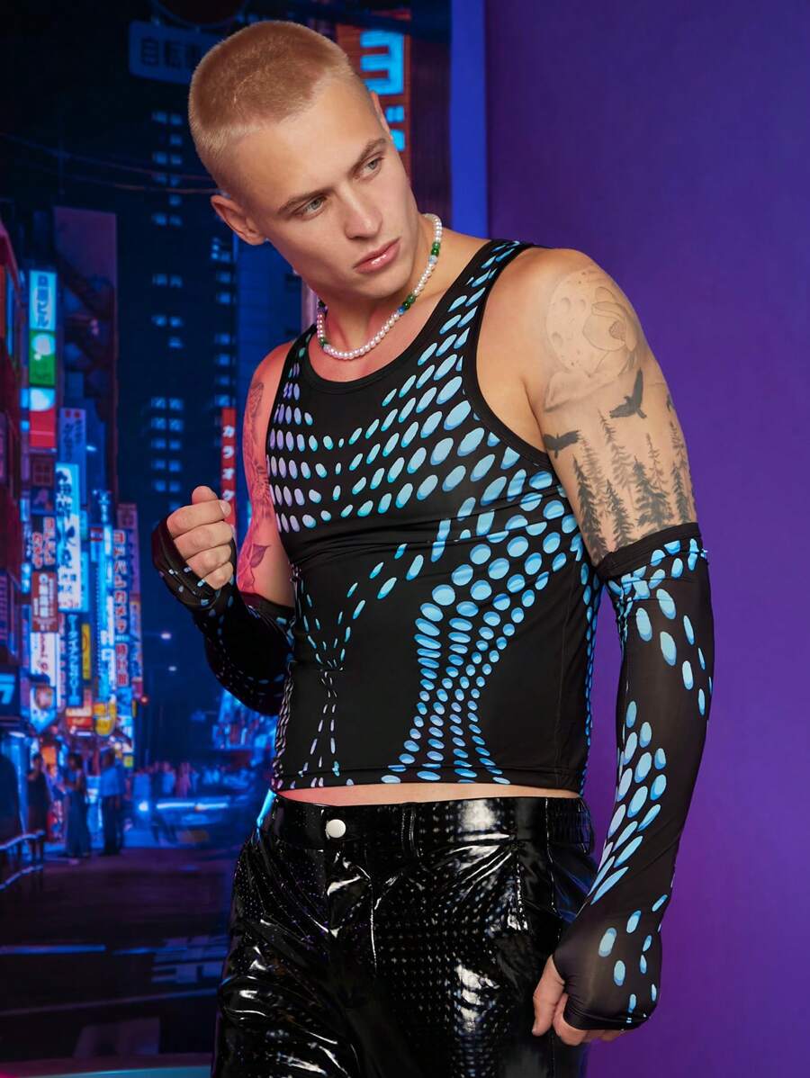 FeverCity 男士波點圖案上衣帶袖子 - 黑色 - 查看 1