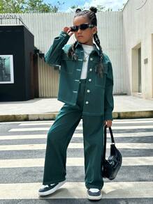 SHEIN Cô gái Tween 1 Miếng Túi có nắp Thả vai Áo sơ mi & 1 Miếng Quần - Màu xanh lá cây đậm - Xem 1