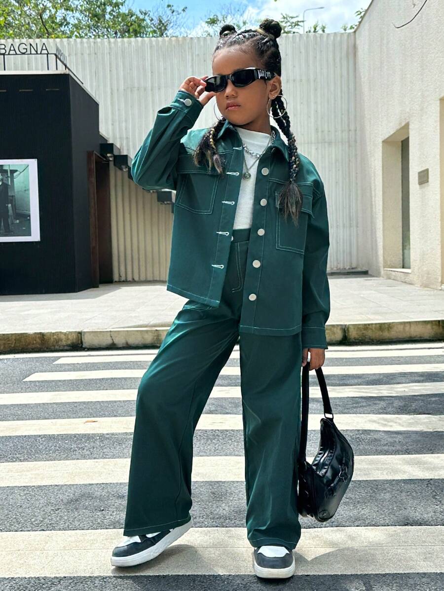 SHEIN Cô gái Tween 1 Miếng Túi có nắp Thả vai Áo sơ mi & 1 Miếng Quần - Màu xanh lá cây đậm - Xem 1