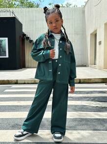 SHEIN Cô gái Tween 1 Miếng Túi có nắp Thả vai Áo sơ mi & 1 Miếng Quần - Màu xanh lá cây đậm - Xem 3