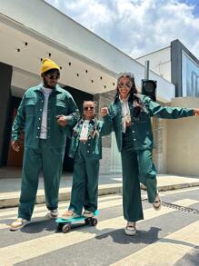 SHEIN Cô gái Tween 1 Miếng Túi có nắp Thả vai Áo sơ mi & 1 Miếng Quần - Màu xanh lá cây đậm - Xem 6