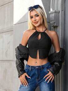SHEIN ICON 前鏤空下擺開叉繞頸短上衣 - 黑色 - 查看 1
