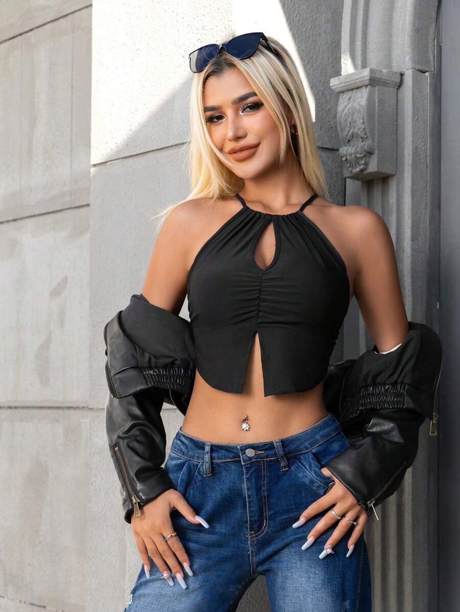 SHEIN ICON 前鏤空下擺開叉繞頸短上衣 - 黑色 - 查看 1