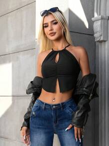 SHEIN ICON 前鏤空下擺開叉繞頸短上衣 - 黑色 - 查看 4
