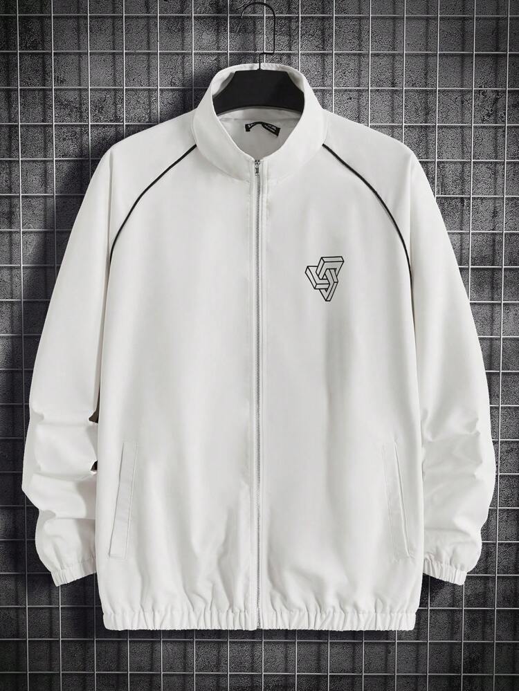 Men Plus Geo Print Contrast Piping Jacket, For Fall Winter