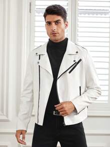 GENTILAND Áo khoác Moto dài tay có khóa kéo dáng rộng dành cho nam - trắng - Xem 4