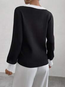 Chiquease Áo len chui đầu tay phồng phối viền tương phản, thích hợp cho mùa thu đông. - Đen và trắng - Xem 2