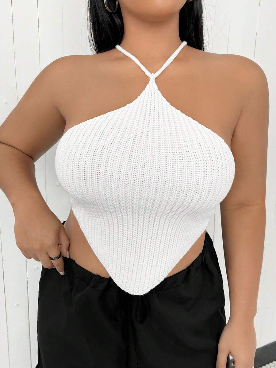 Flirla Hơn Chất rắn Bandana Hem Mùa vụ Dây Knit ngọn - trắng - Xem 1