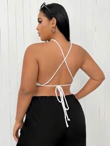 Flirla Hơn Chất rắn Bandana Hem Mùa vụ Dây Knit ngọn - trắng - Xem 2