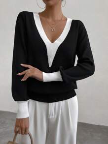 Chiquease Áo len chui đầu tay phồng phối viền tương phản, thích hợp cho mùa thu đông. - Đen và trắng - Xem 4