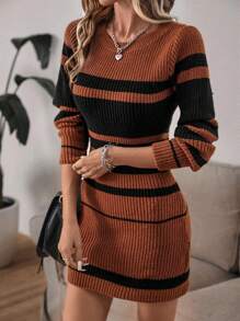 EMERY ROSE Striped Pattern Sweater Dress Fall Winter Cloth For Women