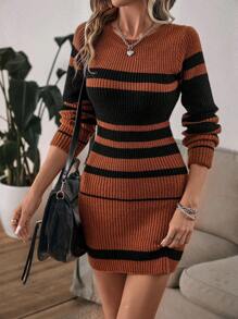 EMERY ROSE Striped Pattern Sweater Dress Fall Winter Cloth For Women