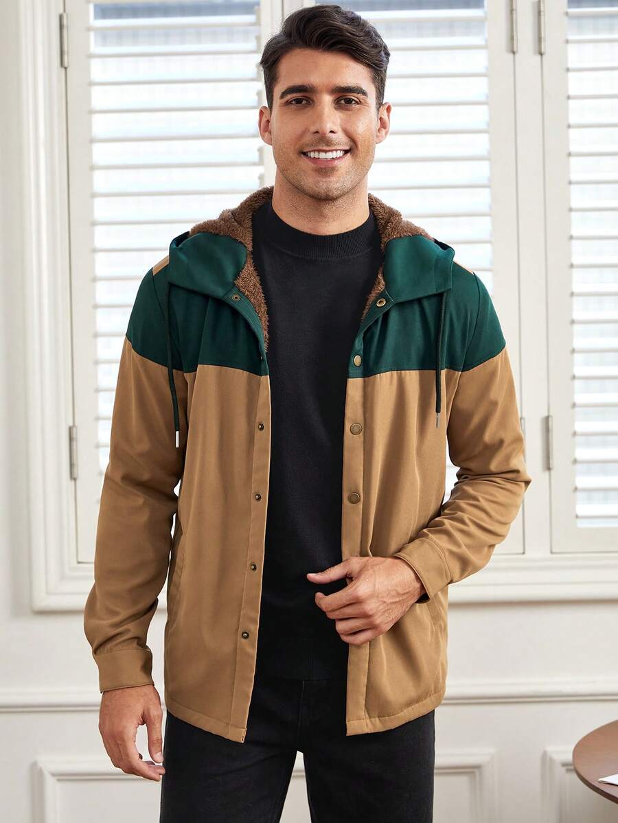 GENTILAND Men Two Tone Teddy Lined Hooded Jacket - Brown - View 1