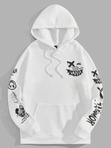 Manfinity VCAY Men Cartoon & Letter Graphic Kangaroo Pocket Funny Long Sleeve Going Out Drawstring Hoodie, Boyfriend Gift