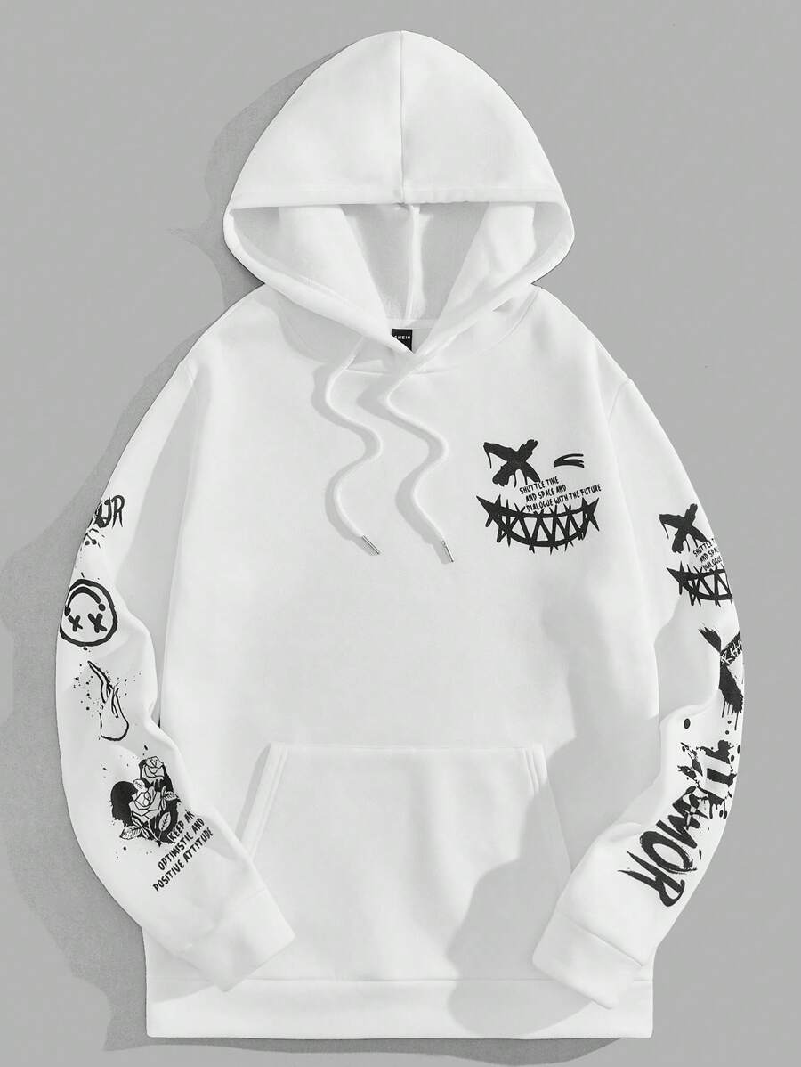 Manfinity VCAY Men Cartoon & Letter Graphic Kangaroo Pocket Funny Long Sleeve Going Out Drawstring Hoodie, Boyfriend Gift