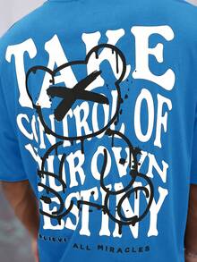 Manfinity RebelGame Hombres Camiseta con estampado de slogan y dibujos animados - Azul - Ver 5