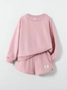 SHEIN Tween Girl Letter Patched Raglan Sleeve Pullover & Shorts - Baby Pink - View 1