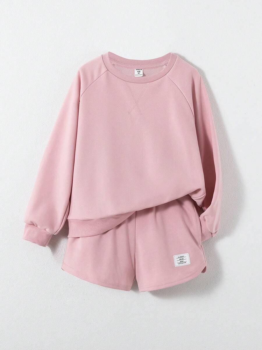 SHEIN Tween Girl Letter Patched Raglan Sleeve Pullover & Shorts - Baby Pink - View 1