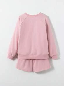 SHEIN Tween Girl Letter Patched Raglan Sleeve Pullover & Shorts - Baby Pink - View 2