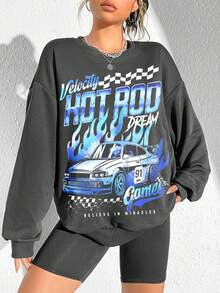 SHEIN EZwear Women's Loose Fit Crew Neck Sweatshirt With Racecar Print, European And American Style - Dark Grey - View 4